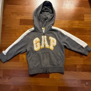 Gap 3T toddler zip up grey/white/gold logo hoodie.